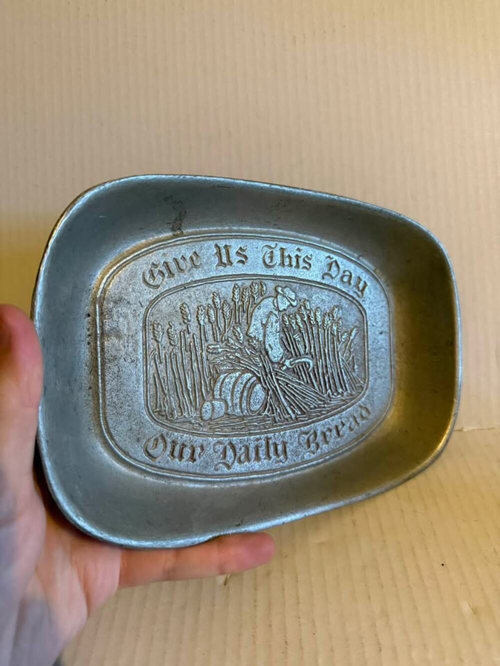 Vintage Wilton Pewter Bread Plate Tray "Give Us This Day Our Daily Bread"